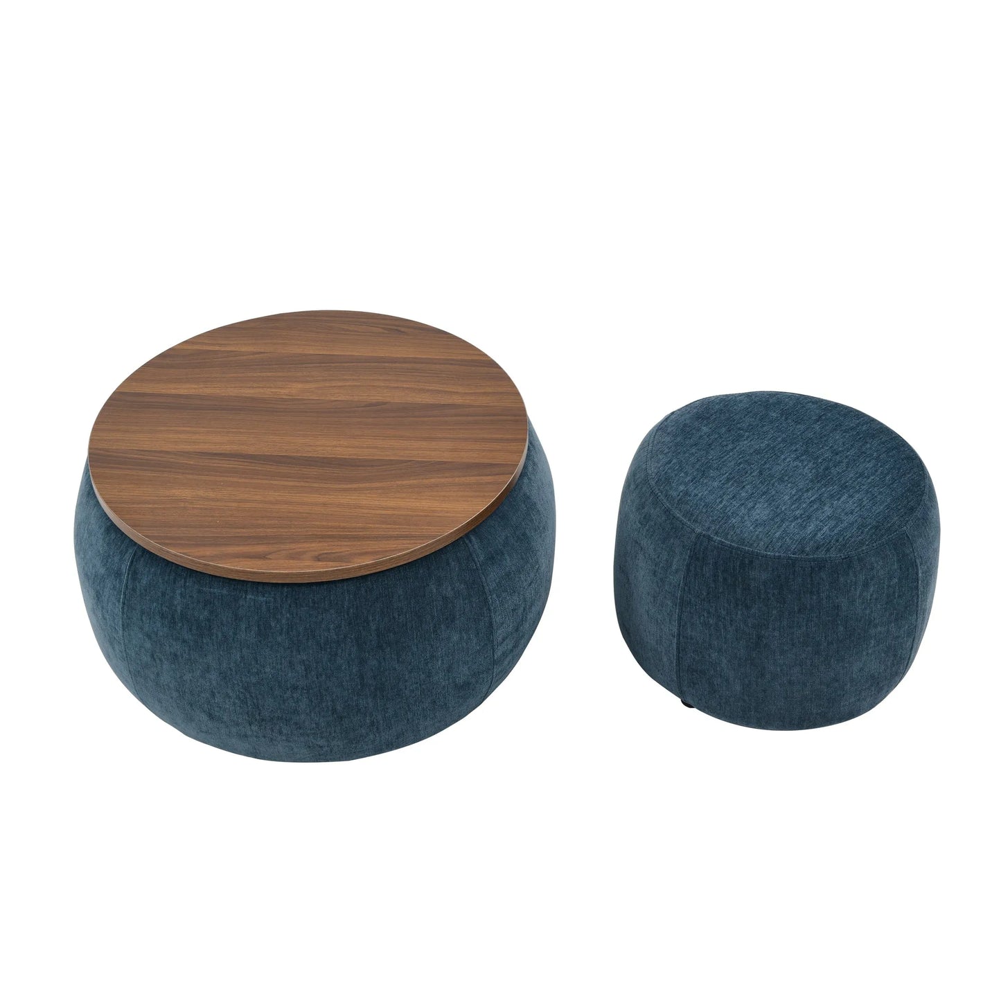 Dark Blue Round Storage Ottoman with 2 in 1 Function as End Table and Ottoman, Eucalyptus Wood and Foam, 25'x25'x14.7' – view 1
