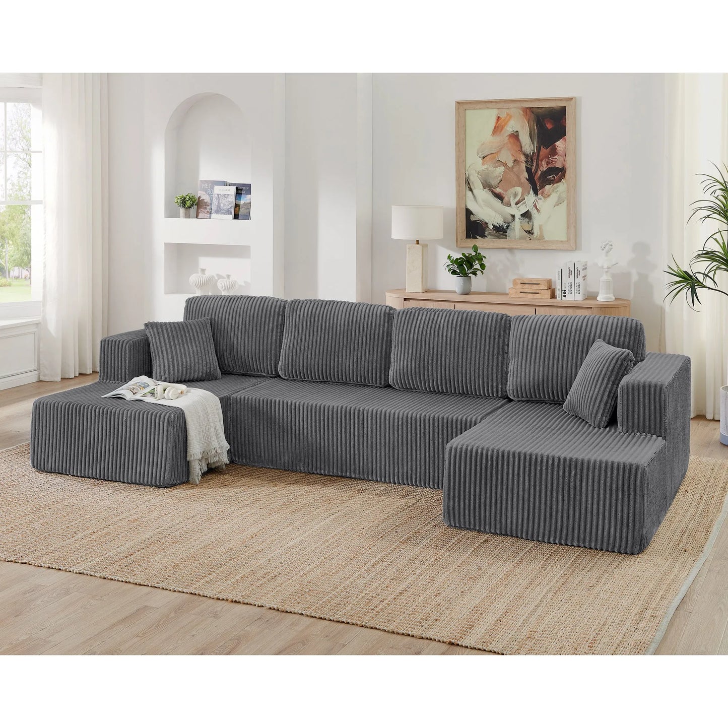 U shape Modular Sectional Sofa, Compressed Sectional Sofa Modern Minimalist Style Corduroy Couch, Sleeper Sofa for Living Room, Bedroom, Comfy – view 1
