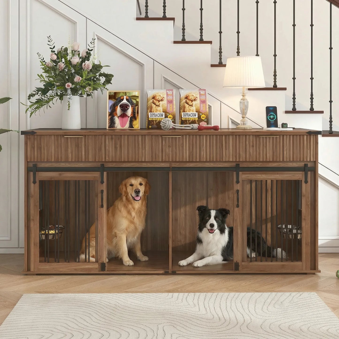 71'' Furniture Style Double Dog Crate with 3 Fluted Drawers and Waterproof Walnut Woodgrain Tabletop,Large Dog Kennel Furniture with Type-C Power – view 1