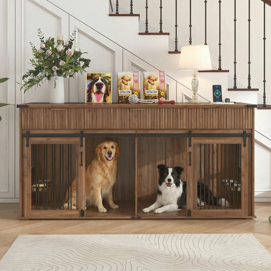 71'' Furniture Style Double Dog Crate with 3 Fluted Drawers and Waterproof Walnut Woodgrain Tabletop,Large Dog Kennel Furniture with Type-C Power – view 1