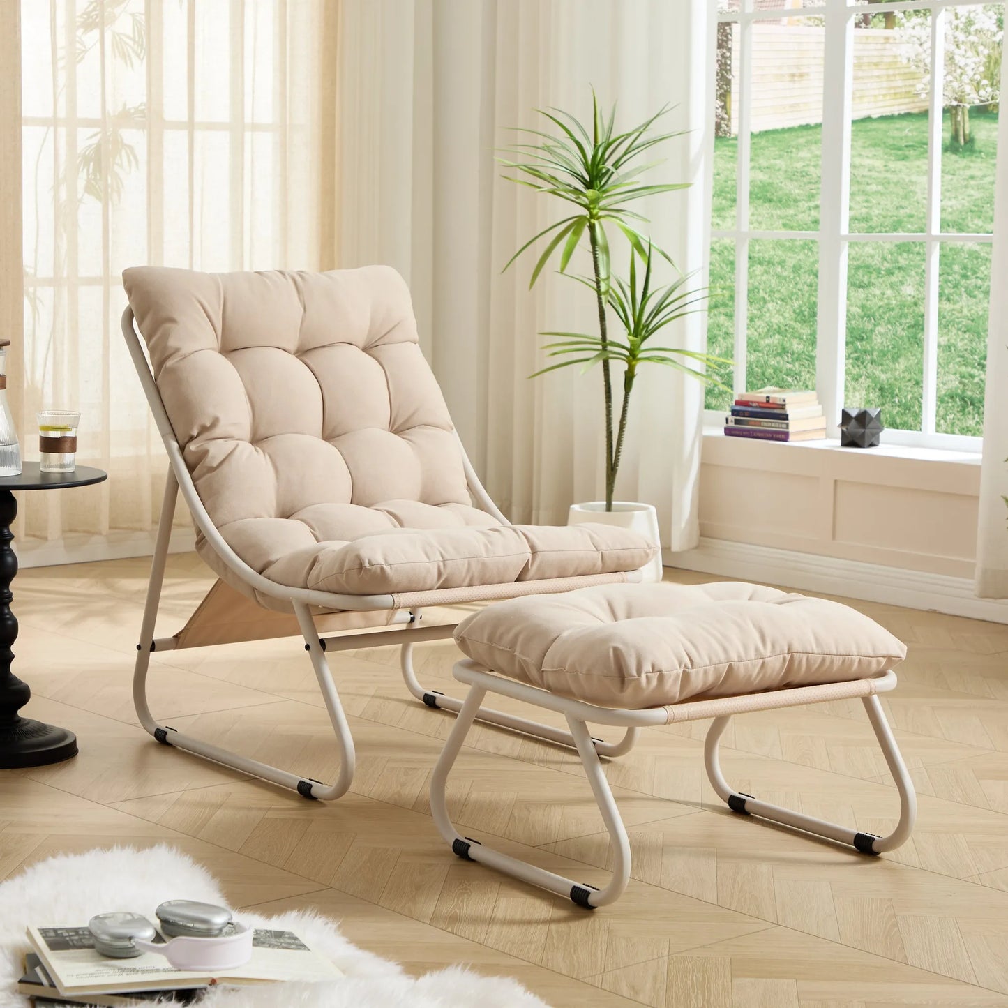 Patio Outdoor Lounge Chair with Ottoman, Comfy Sling Recliner Chair with Puffy Cushion and Foot Stool, Ideal for Living Room, Bedroom, Reading Room – view 1