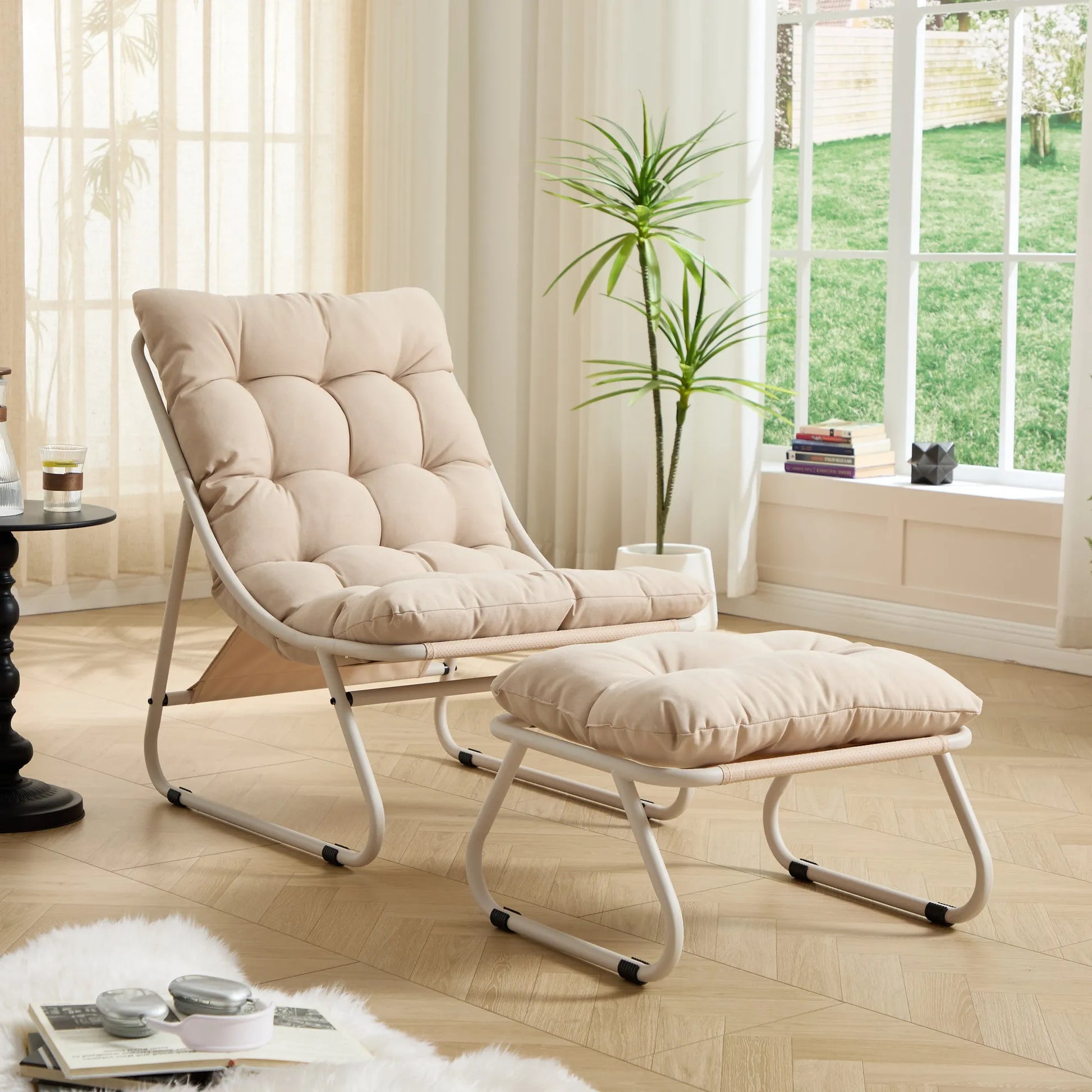 Patio Outdoor Lounge Chair with Ottoman, Comfy Sling Recliner Chair with Puffy Cushion and Foot Stool, Ideal for Living Room, Bedroom, Reading Room – view 1