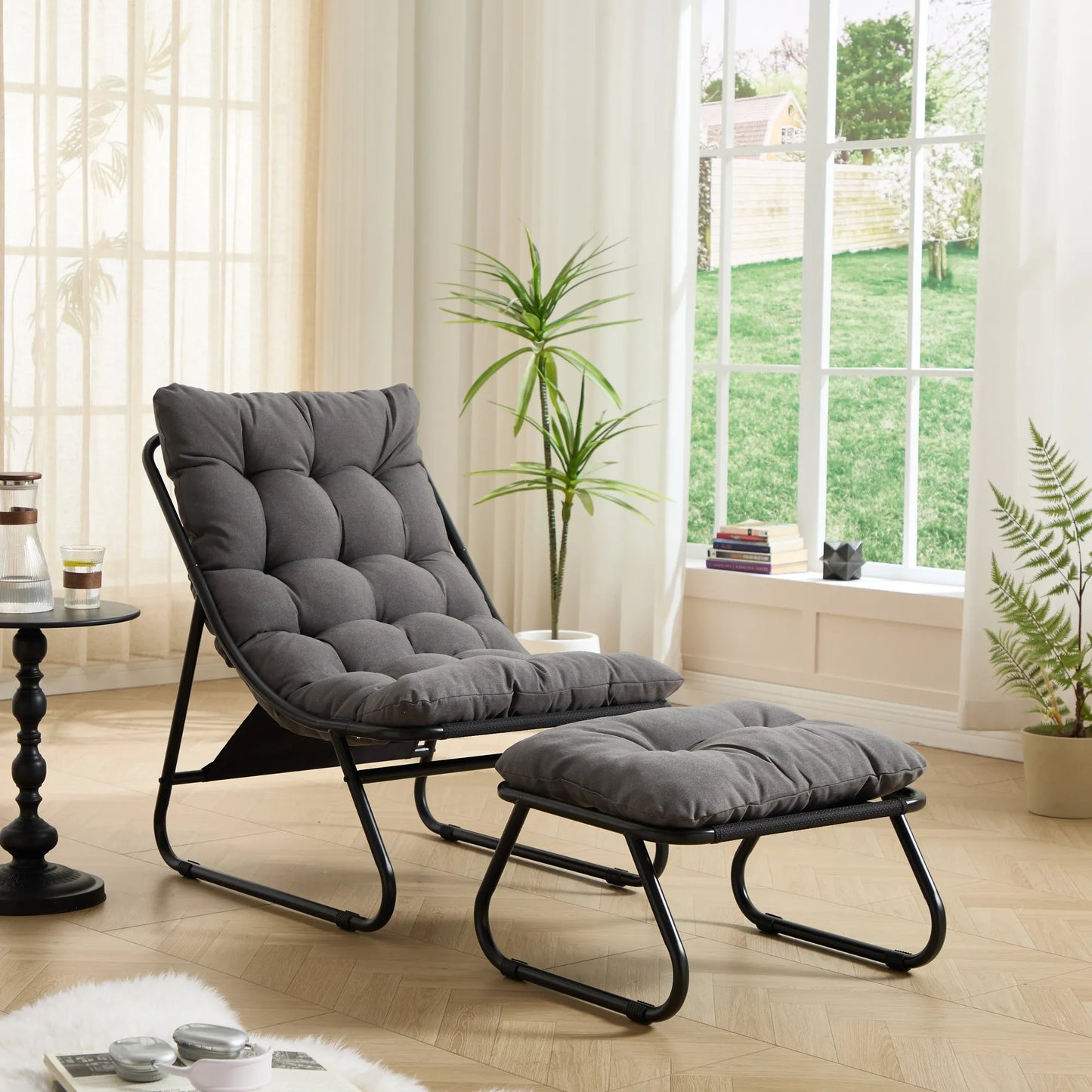 Patio Outdoor Lounge Chair with Ottoman, Comfy Sling Recliner Chair with Puffy Cushion and Foot Stool, Ideal for Living Room, Bedroom, Reading Room – view 1