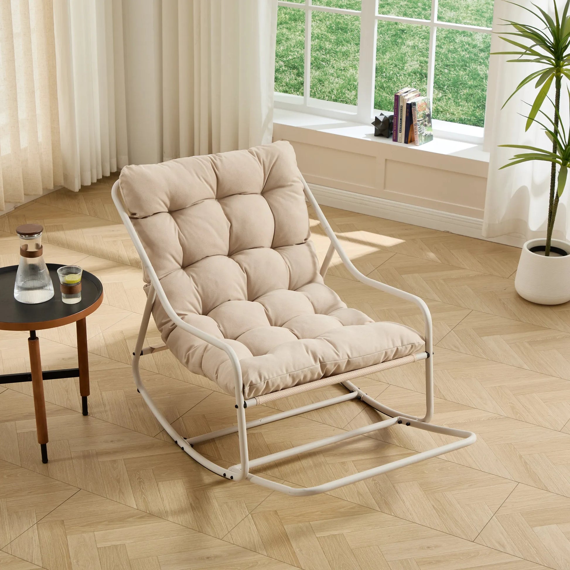 Outdoor Rocking Chair, Comfy Cushion, with Soft Thick Cushion,for Living Room, Bedroom, Reading Room, Beige Frame with Beige Cushion – view 1