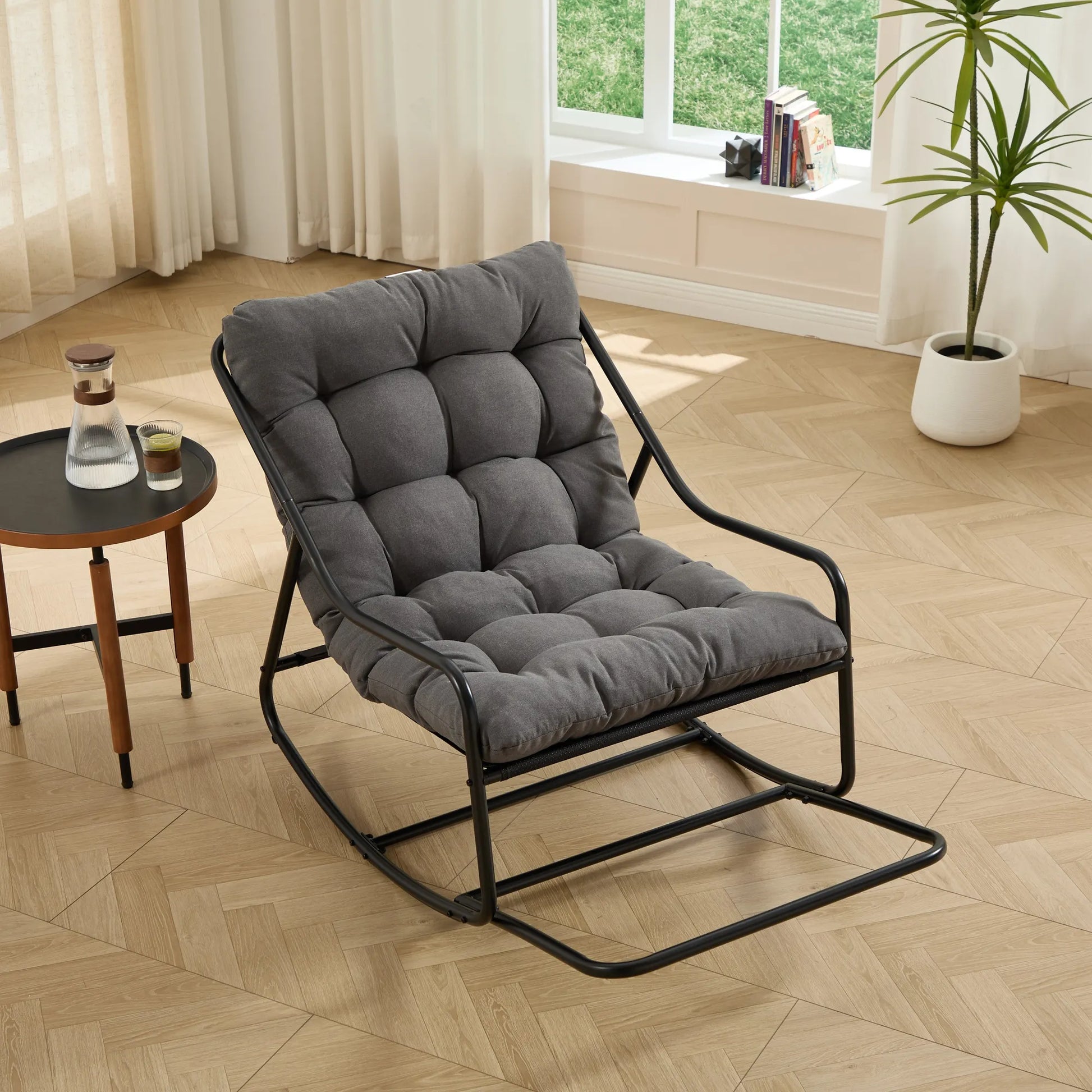 Outdoor Rocking Chair, Comfy Cushion, with Soft Thick Cushion,for Living Room, Bedroom, Reading Room, Black Frame with Grey Cushion – view 1
