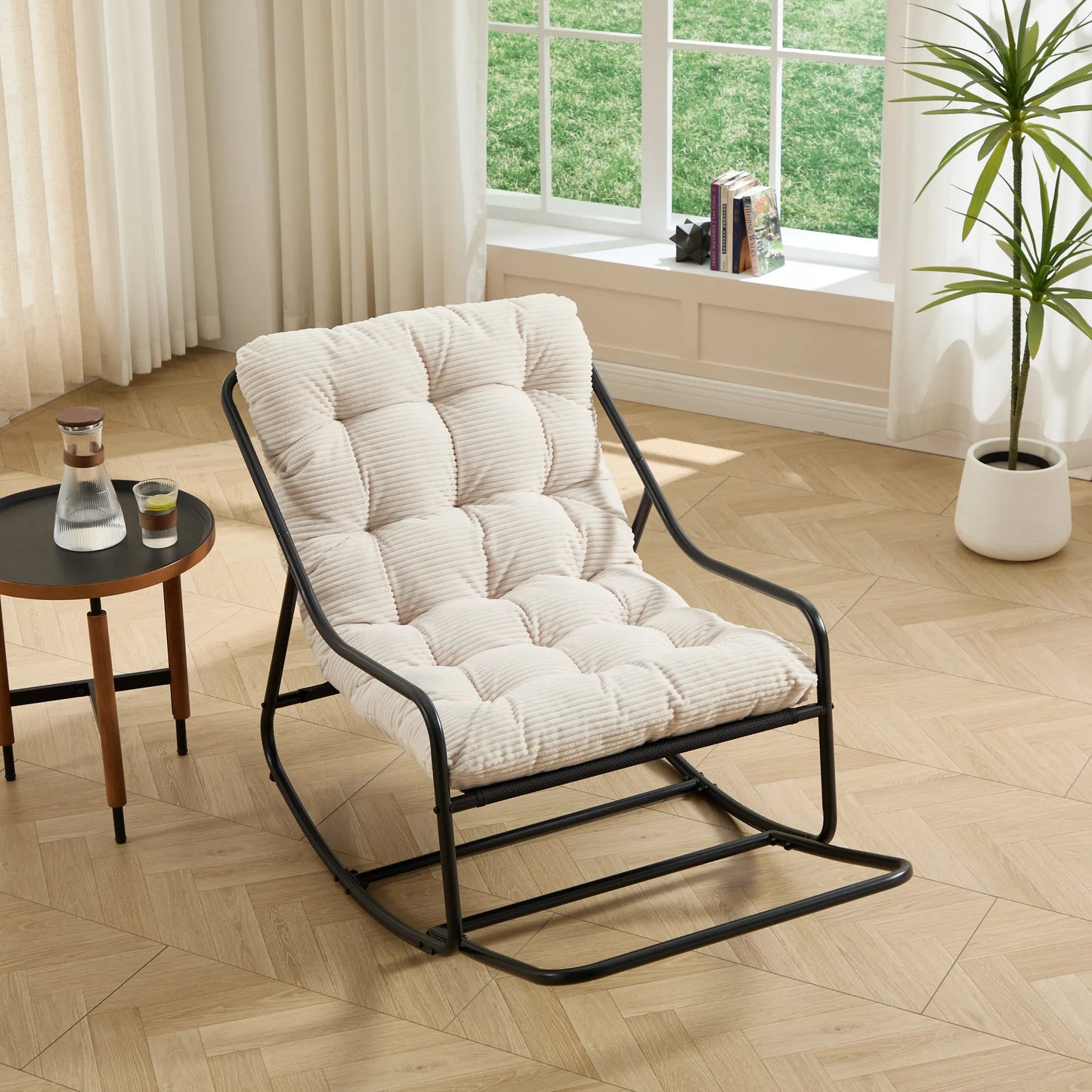 Outdoor Rocking Chair, Comfy Cushion, with Soft Thick Cushion,for Living Room, Bedroom, Reading Room, Black Frame with White Cushion – view 1