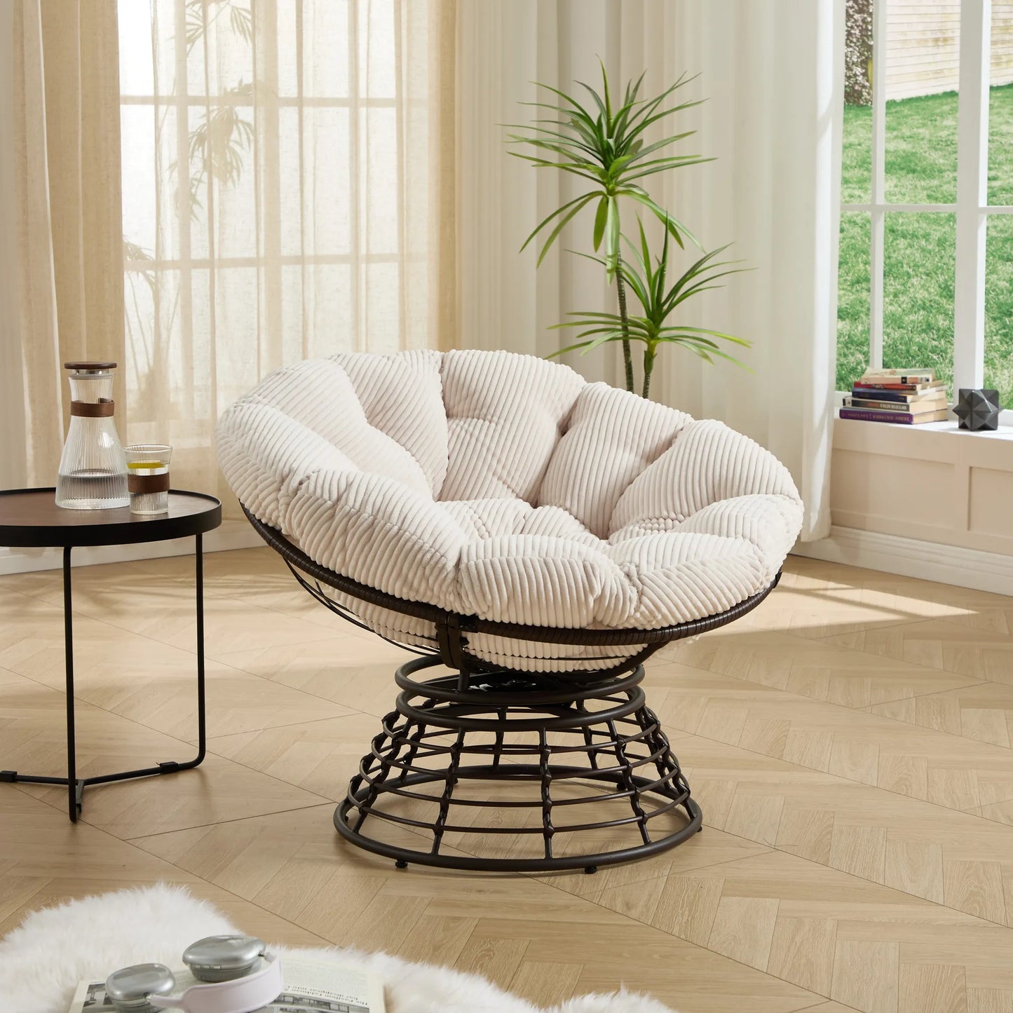 Comfortable Ergonomic Wicker Papasan Chair, 360° Swivel Indoor Outdoor Rattan Chair with Soft Thick Cushion, Ideal for Living Room, Bedroom, Reading – view 1