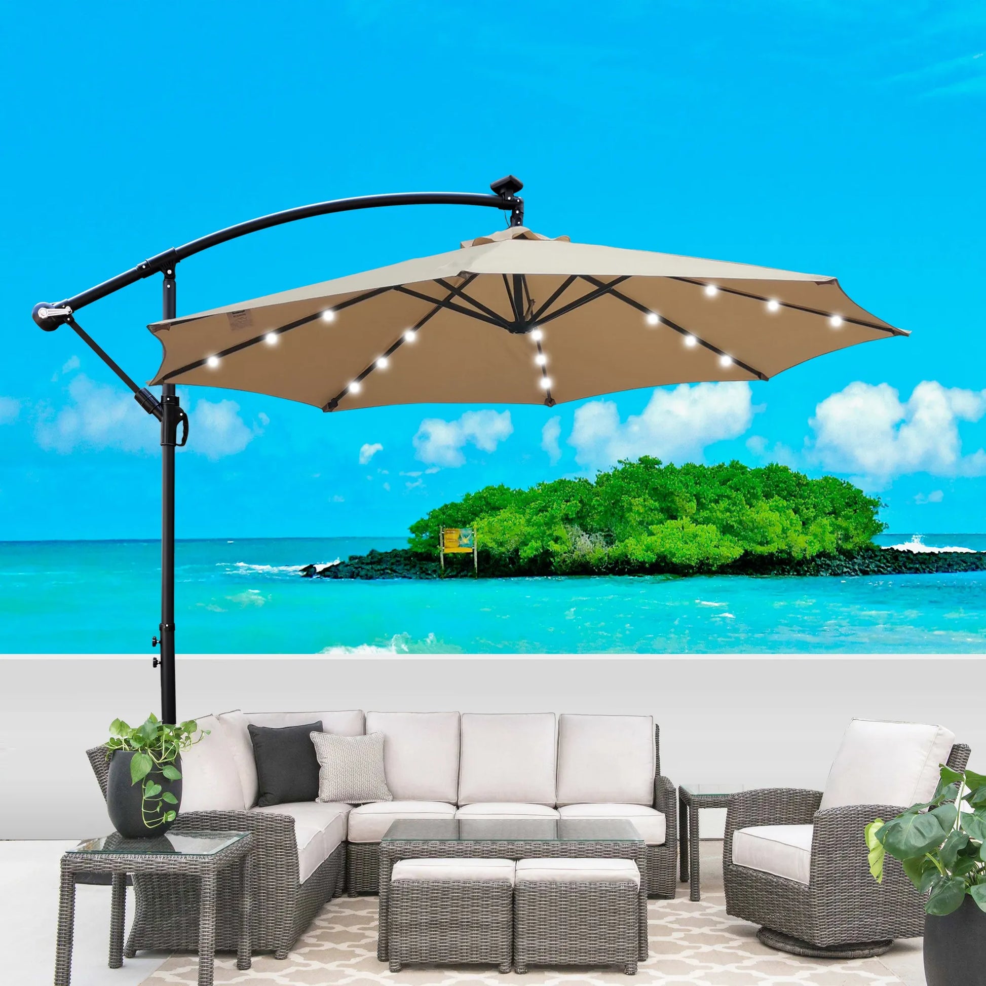 Tan 10 ft Outdoor Patio Umbrella Solar Powered LED Lighted Sun Shade Market Waterproof 8 Ribs Umbrella with Crank and Cross Base for Garden Deck – view 1