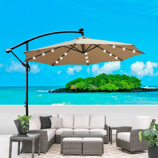 Tan 10 ft Outdoor Patio Umbrella Solar Powered LED Lighted Sun Shade Market Waterproof 8 Ribs Umbrella with Crank and Cross Base for Garden Deck – view 1