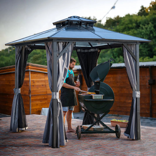 Outdoor Grill Gazebo 8 x 8FT, Hardtop BBQ Gazebo with UV-Resistant Polycarbonate Roof & Storage Hooks for Patio, Lawn, Garden – view 1