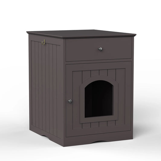 Brown Wooden Pet House Cat Litter Box Enclosure with Drawer, Side Table, Indoor Pet Crate, Cat Home Nightstand – view 1