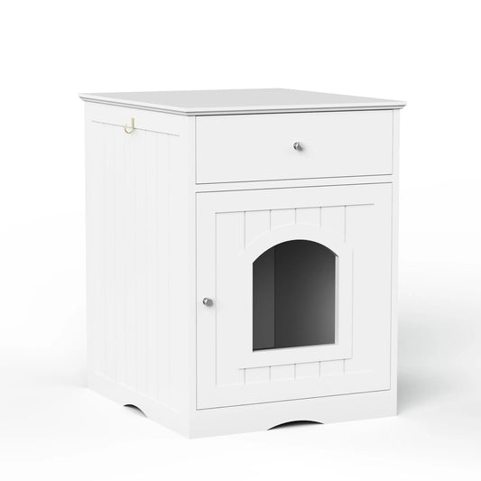 White Wooden Pet House Cat Litter Box Enclosure with Drawer and Side Table, Indoor Cat Home Nightstand for Small Cats, MDF Construction, 18.9'' W x – view 1