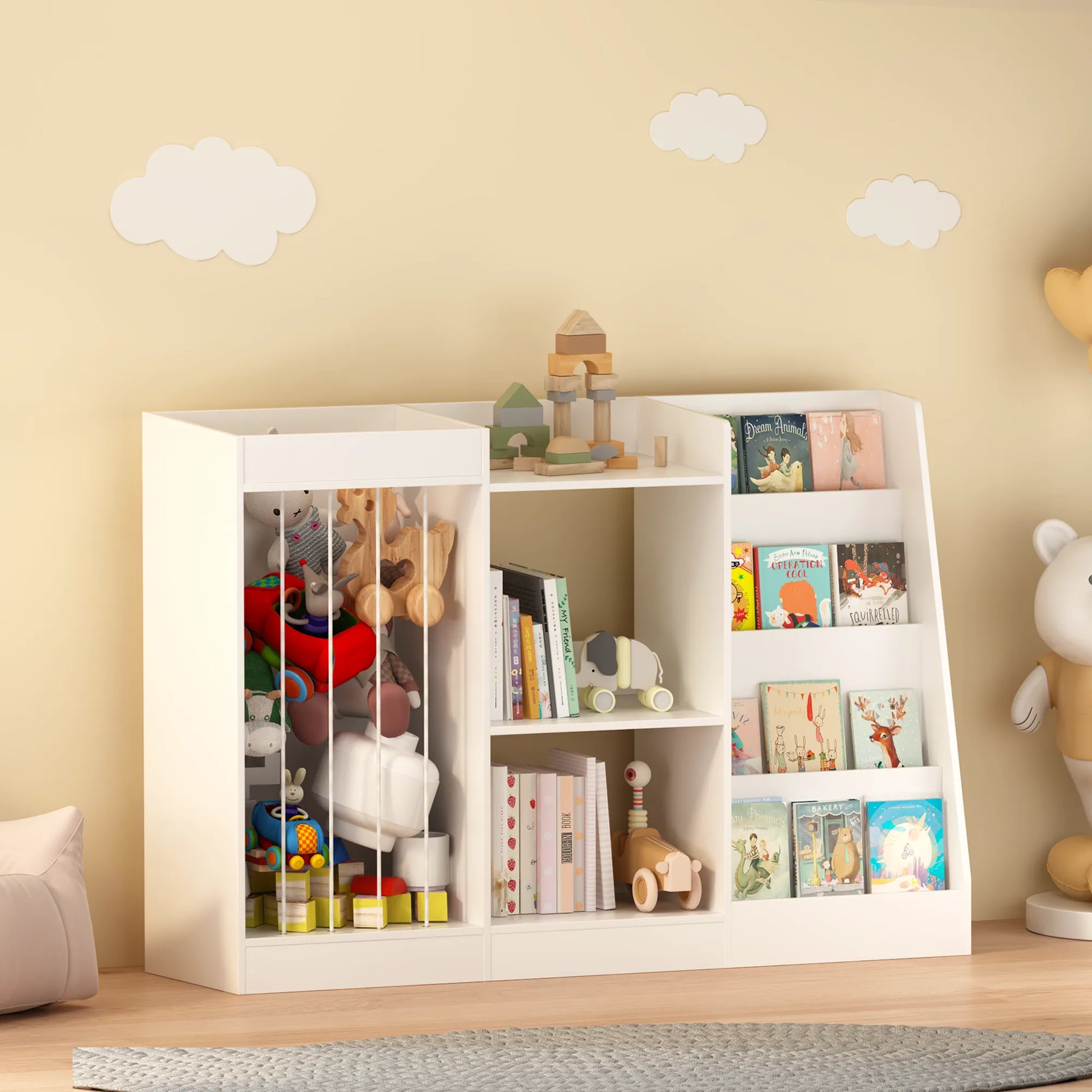3-in-1 Kids Bookshelf and Toy Storage, 4-Tier Book Shelf for Kids Rooms, Sling Baby Bookcase with Stuffed Animal Storage, Toddler Montessori – view 1