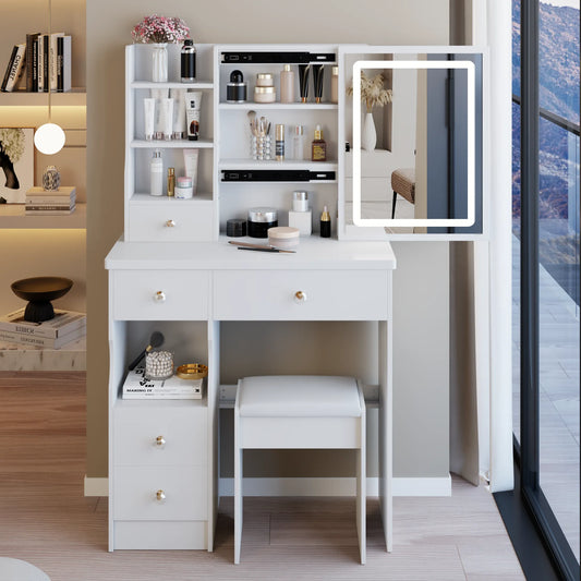 29.2' Small Size Left Drawer Desktop Vanity Table + Cushioned Stool, Large Sliding, Touch Control, Tri-color Switching, Brightness Adjust LED Mirror – view 1