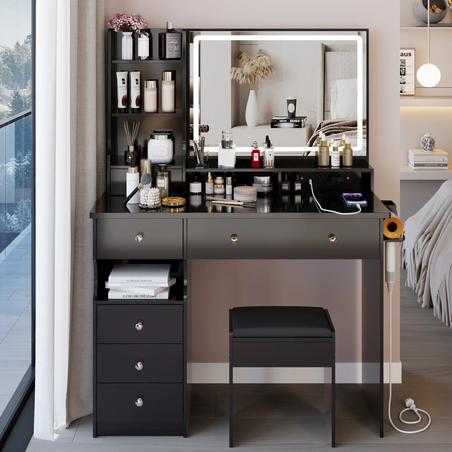 41' Large Size Left Drawer Desktop Vanity Table+Cushioned Stool Dresser Set, 2 AC+2 USB Power Station, Hair Dryer Stand, Extra Large Touch Control – view 1