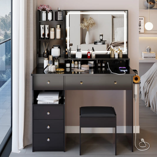41' Large Size Left Drawer Desktop Vanity Table+Cushioned Stool Dresser Set, 2 AC+2 USB Power Station, Hair Dryer Stand, Extra Large Touch Control – view 1
