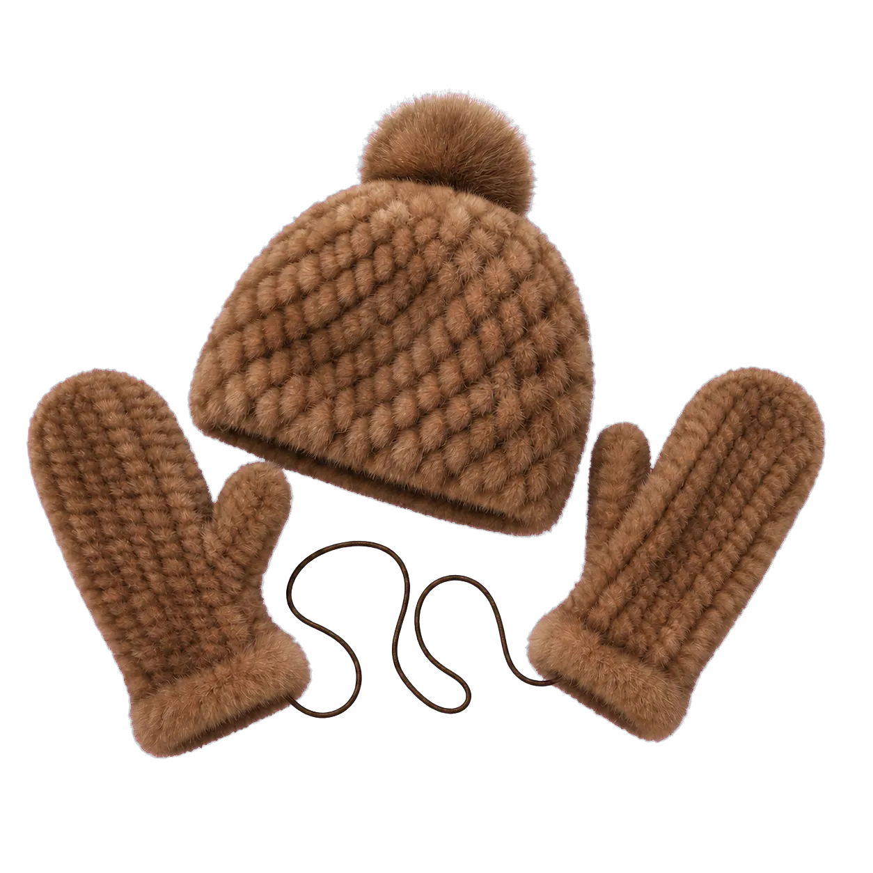 Warm Brown genuine mink fur knitted hat and mittens set isolated on a transparent background
