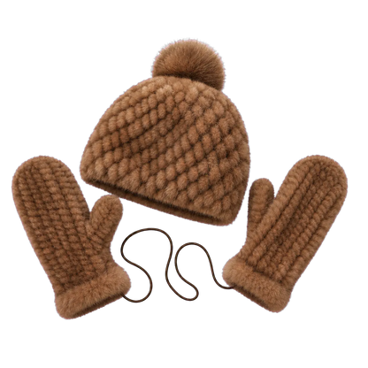 Warm Brown genuine mink fur knitted hat and mittens set isolated on a transparent background
