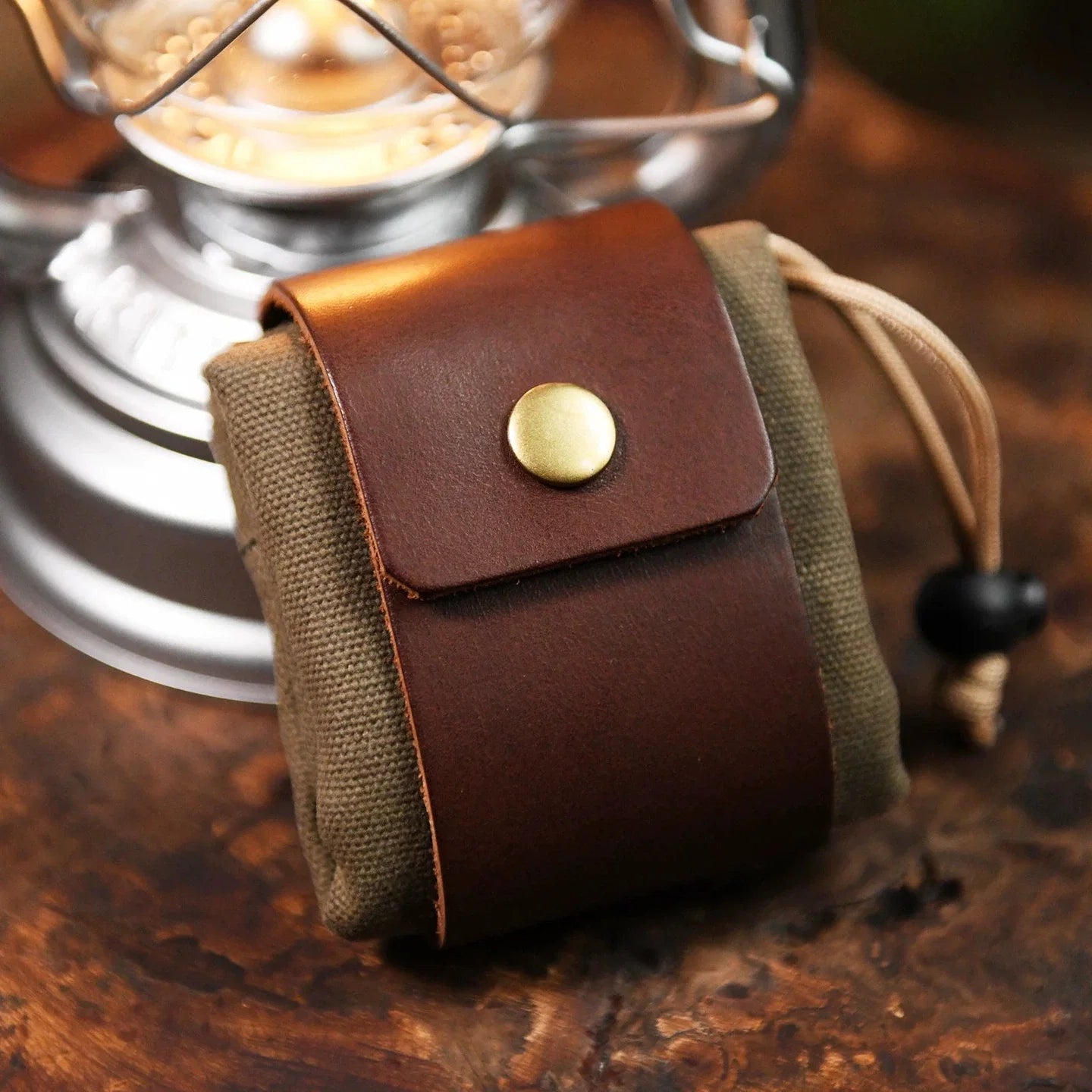 Army green canvas drawstring belt pouch with leather trim