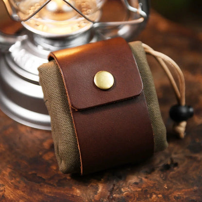 Army green canvas drawstring belt pouch with leather trim