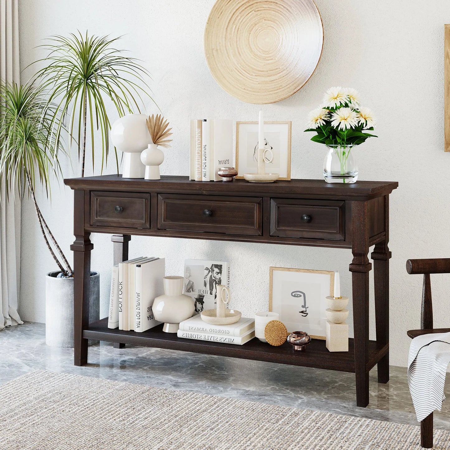 Classic Retro Style Console Table with Three Top Drawers and Open Style Bottom Shelf, Easy Assembly (Espresso) – view 1