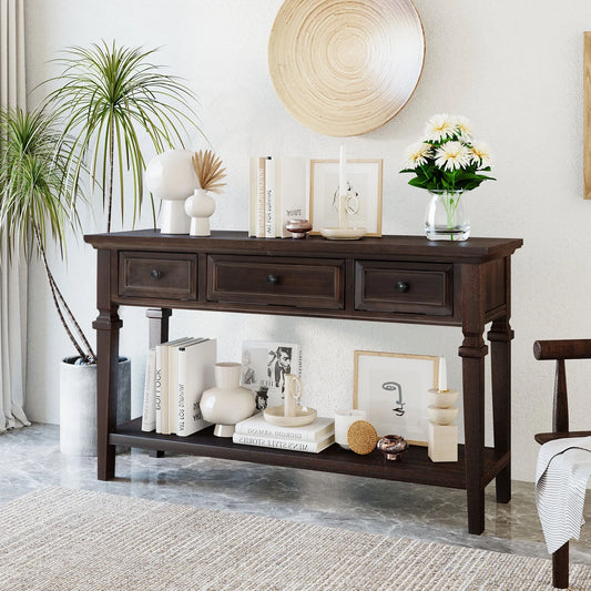 Classic Retro Style Console Table with Three Top Drawers and Open Style Bottom Shelf, Easy Assembly (Espresso) – view 1