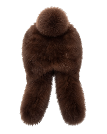 Women's brown sable fur earflap winter hat with fox fur pom-pom, front view