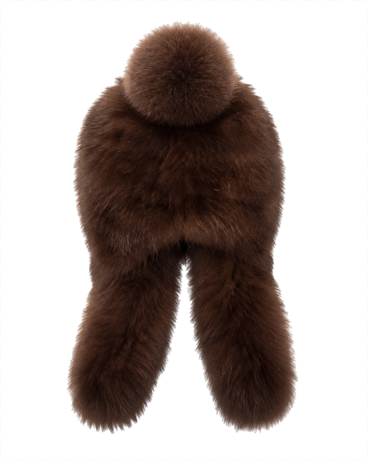 Women's brown sable fur earflap winter hat with fox fur pom-pom, front view
