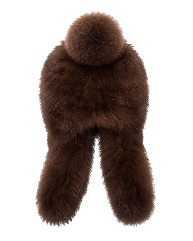Women's brown sable fur earflap winter hat with fox fur pom-pom, front view