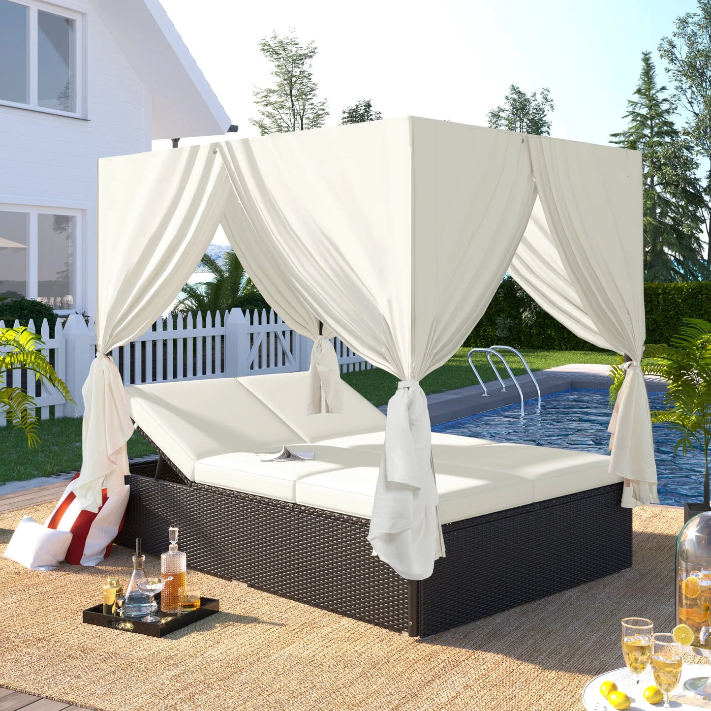 U_STYLE Outdoor Double Chaise Lounge Daybed with Curtains,Patio Outdoor Sunbed with Adjustable Backrest, Sturdy Steel Frame Loveseat Sofa for – view 1