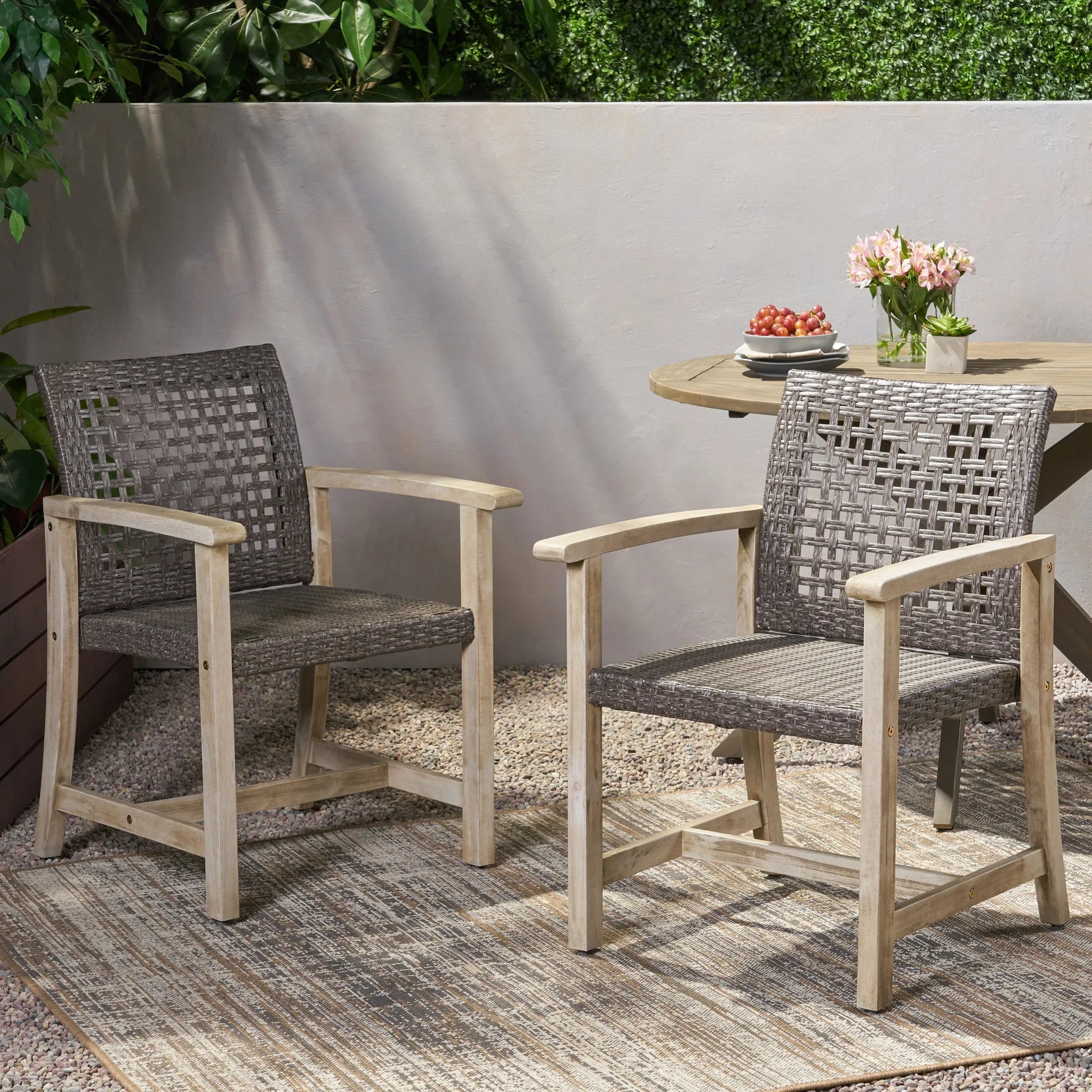 Outdoor Dining Chair Set of 2, Light Grey Wash Acacia Wood Frame and Mix Black PE Rattan Wicker – view 2