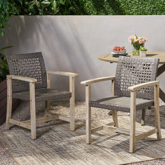 Outdoor Dining Chair Set of 2, Light Grey Wash Acacia Wood Frame and Mix Black PE Rattan Wicker – view 2