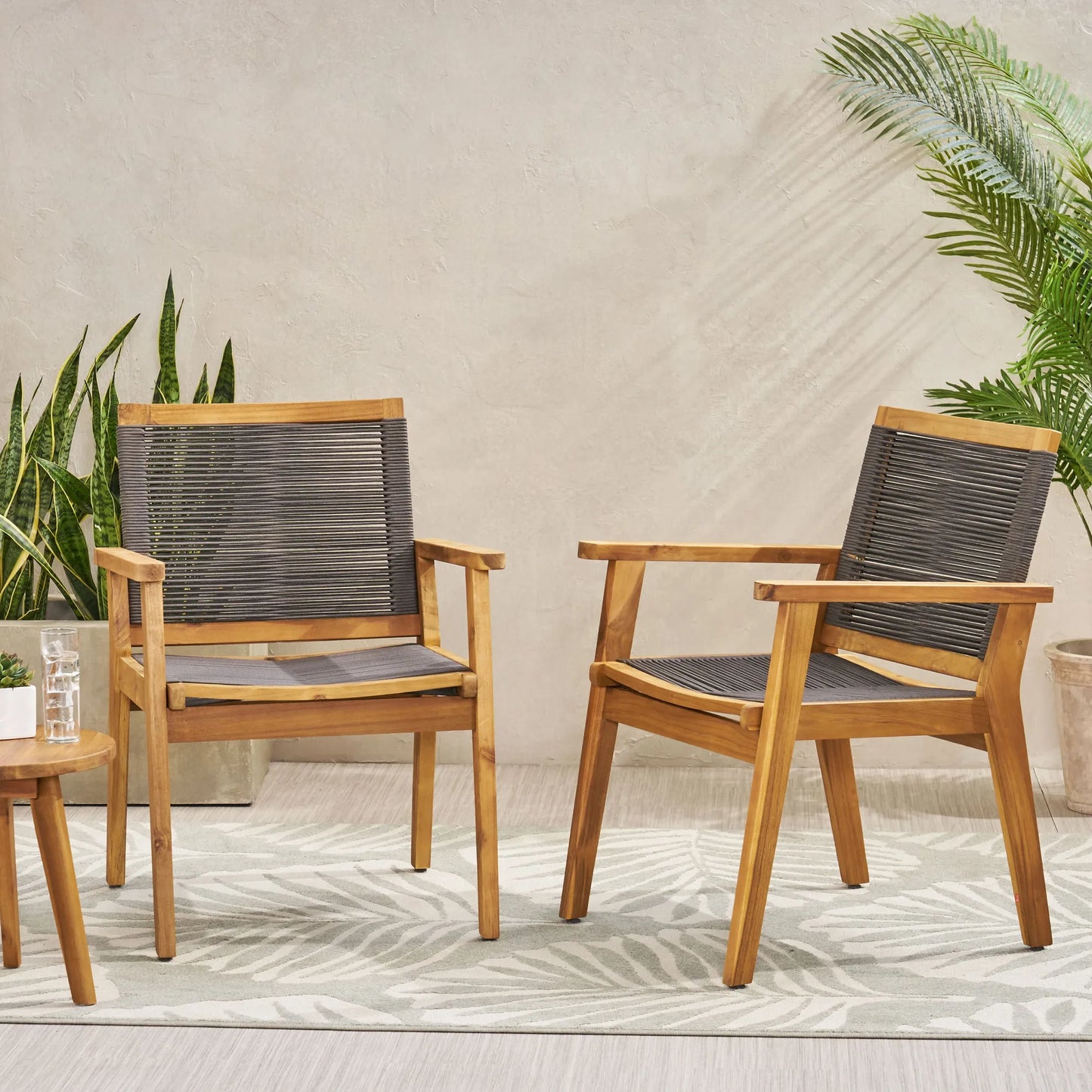 Outdoor Dining Chair Set of 2, Dark Grey Rope, Acacia Wood Frame – view 2
