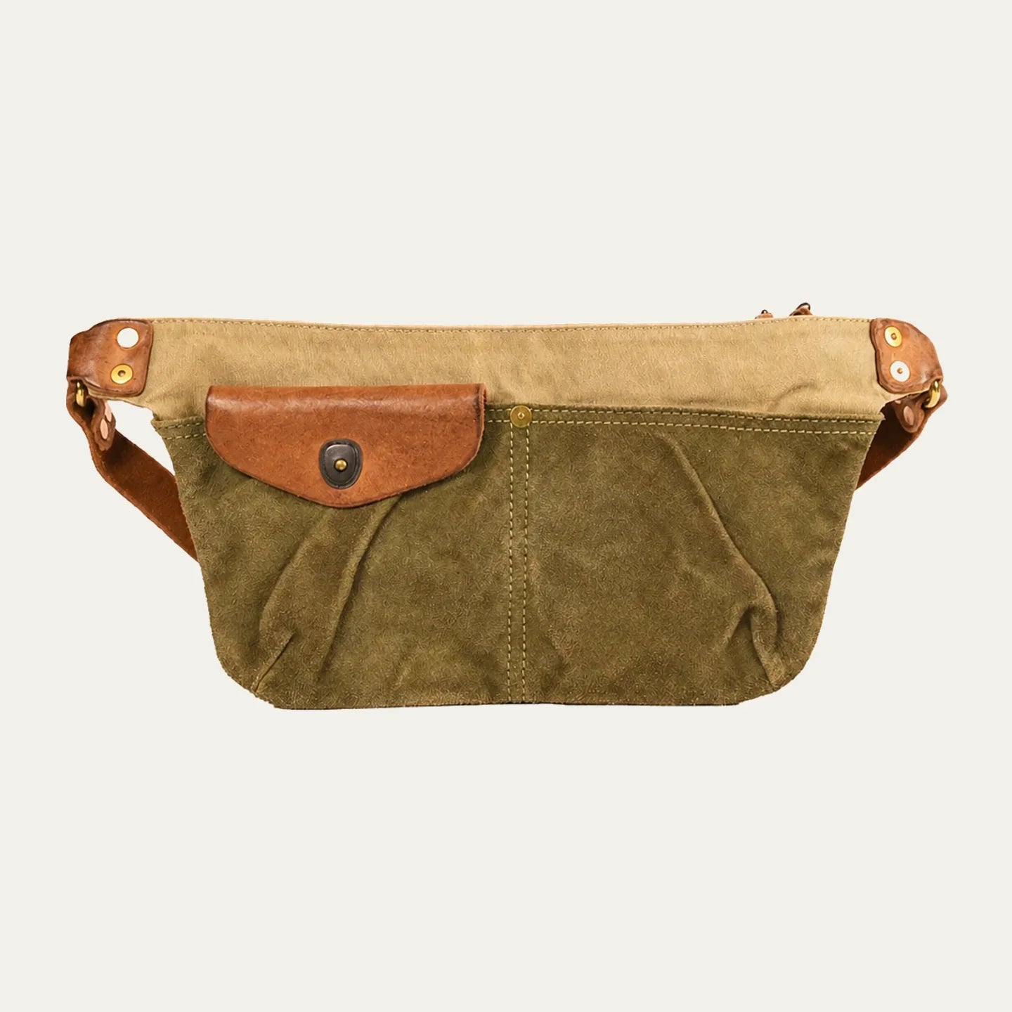 Army green canvas chest bag with flap pocket and zipper closure