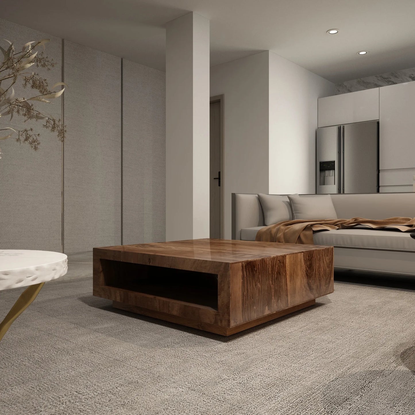 Low Profile Premium Solid Wood Coffee Table in Brown with Natural Wood Finish, 14.96 x 37.40 x 37.40 inches – view 2