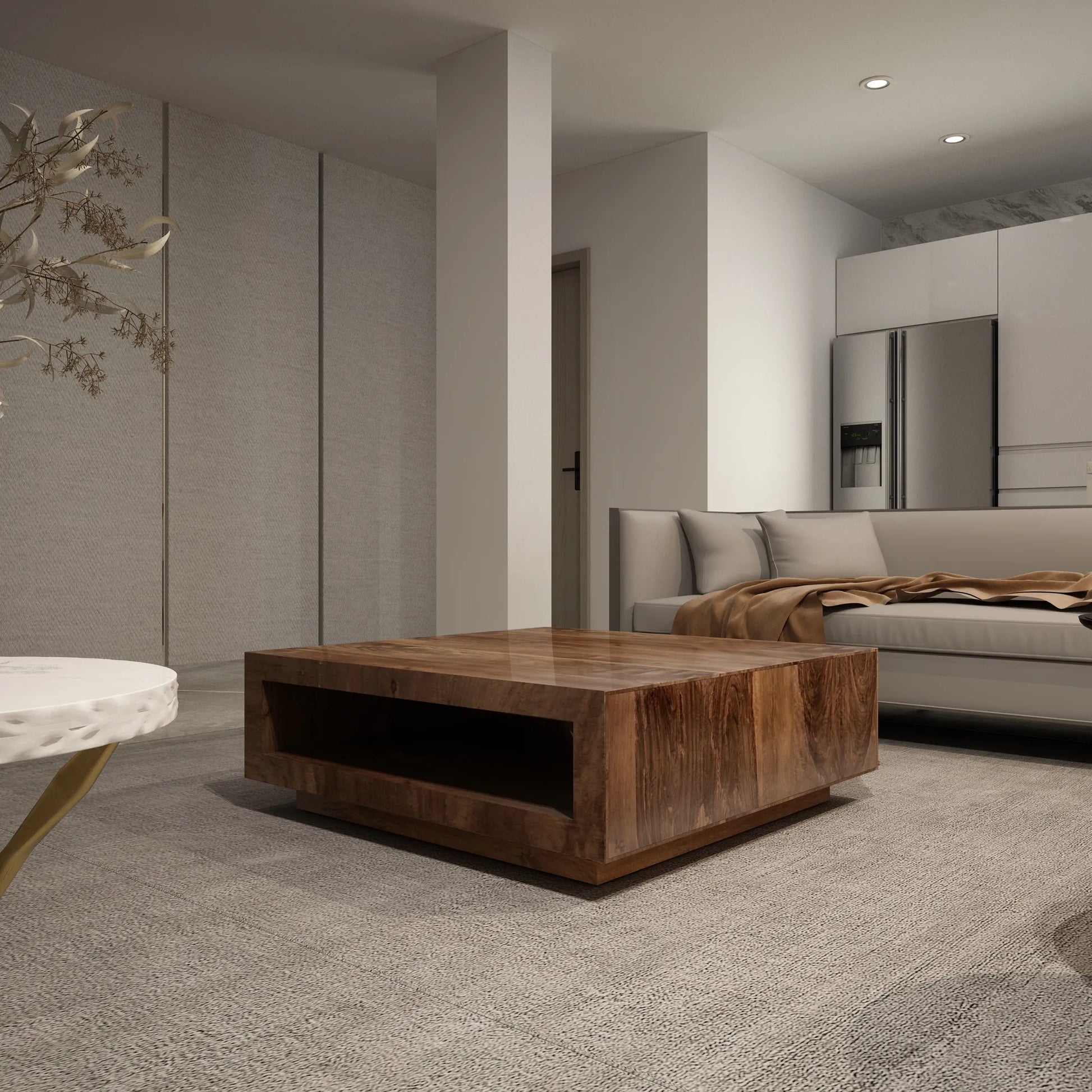 Low Profile Premium Solid Wood Coffee Table in Brown with Natural Wood Finish, 14.96 x 37.40 x 37.40 inches – view 2