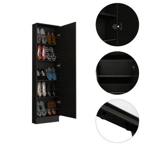 Xl Shoe Rack, Mirror, Five Interior Shelves, Single Door Cabinet -Black – view 2