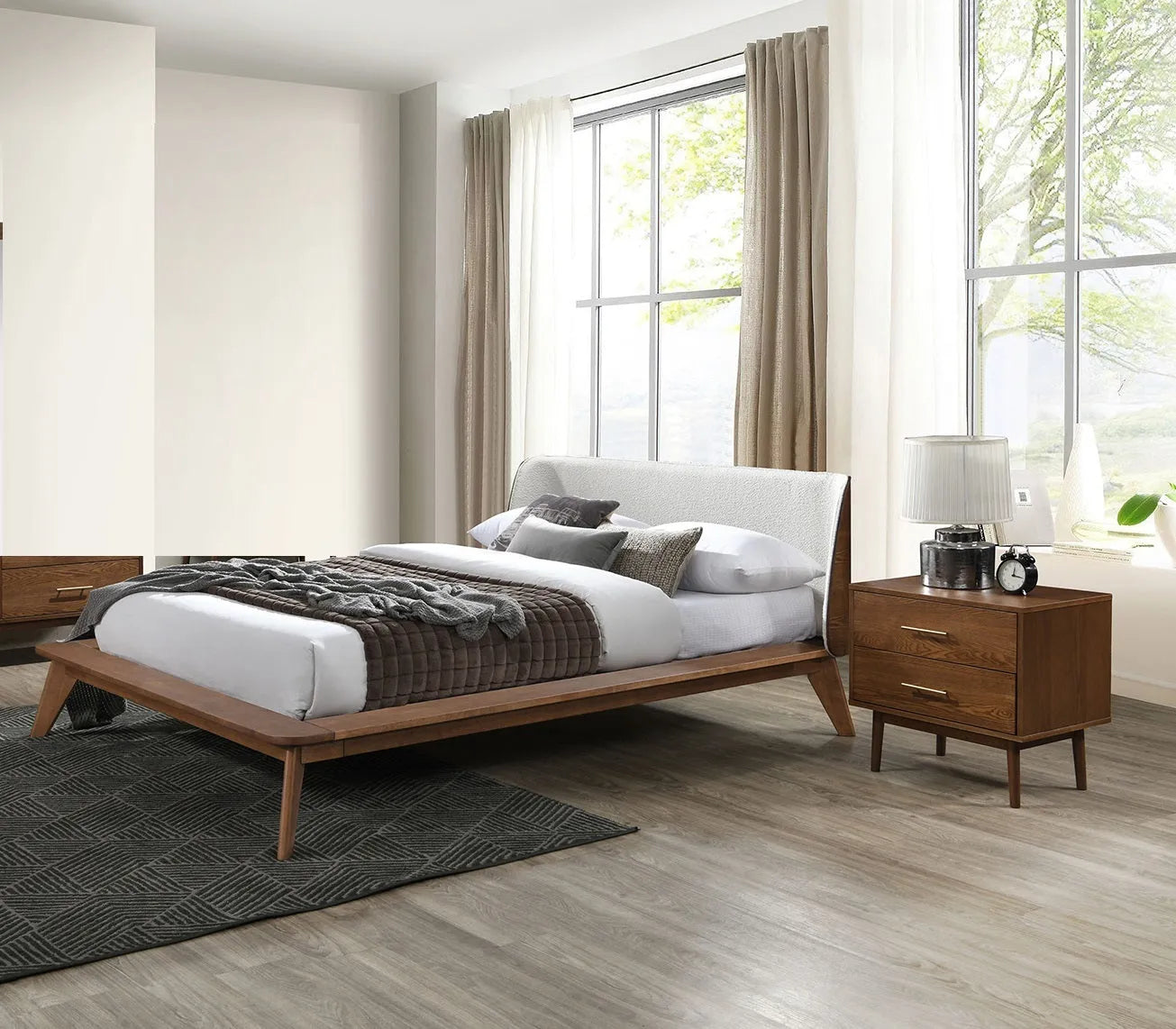 Gorgeous Walnut 3pc Bedroom Set Full Size Bed 2x Nightstands Beige Upholstered Fabric Winged Edge Panel HB Mid-Century Modern Style – view 2