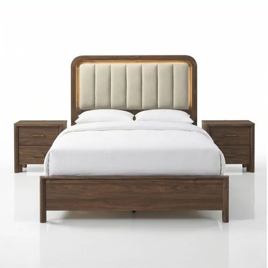 Walnut Gorgeous Queen Size Bed Nightstands Set Panel Bed HB w LED Warm Light Bedroom Set 3pc – view 2