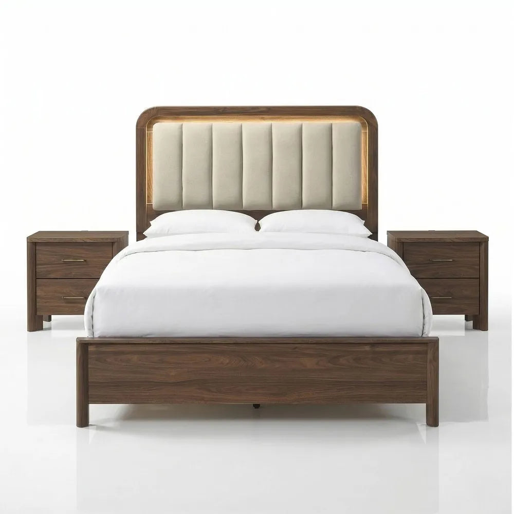 Walnut Gorgeous Eastern King Size Bed Nightstands Set Panel Bed HB w LED Warm Light Bedroom Set 3pc – view 2