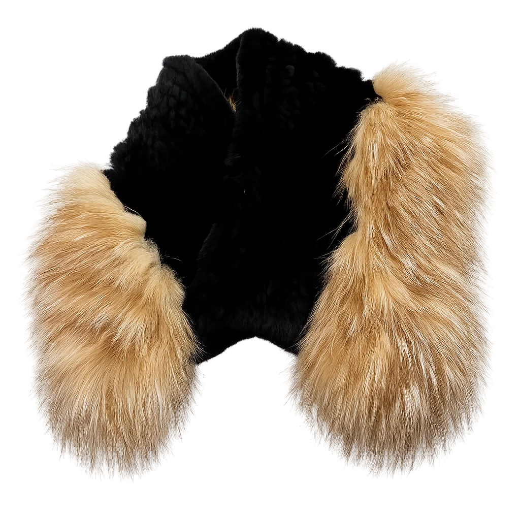 Black rabbit fur wrap with champagne fox fur side panels, full view