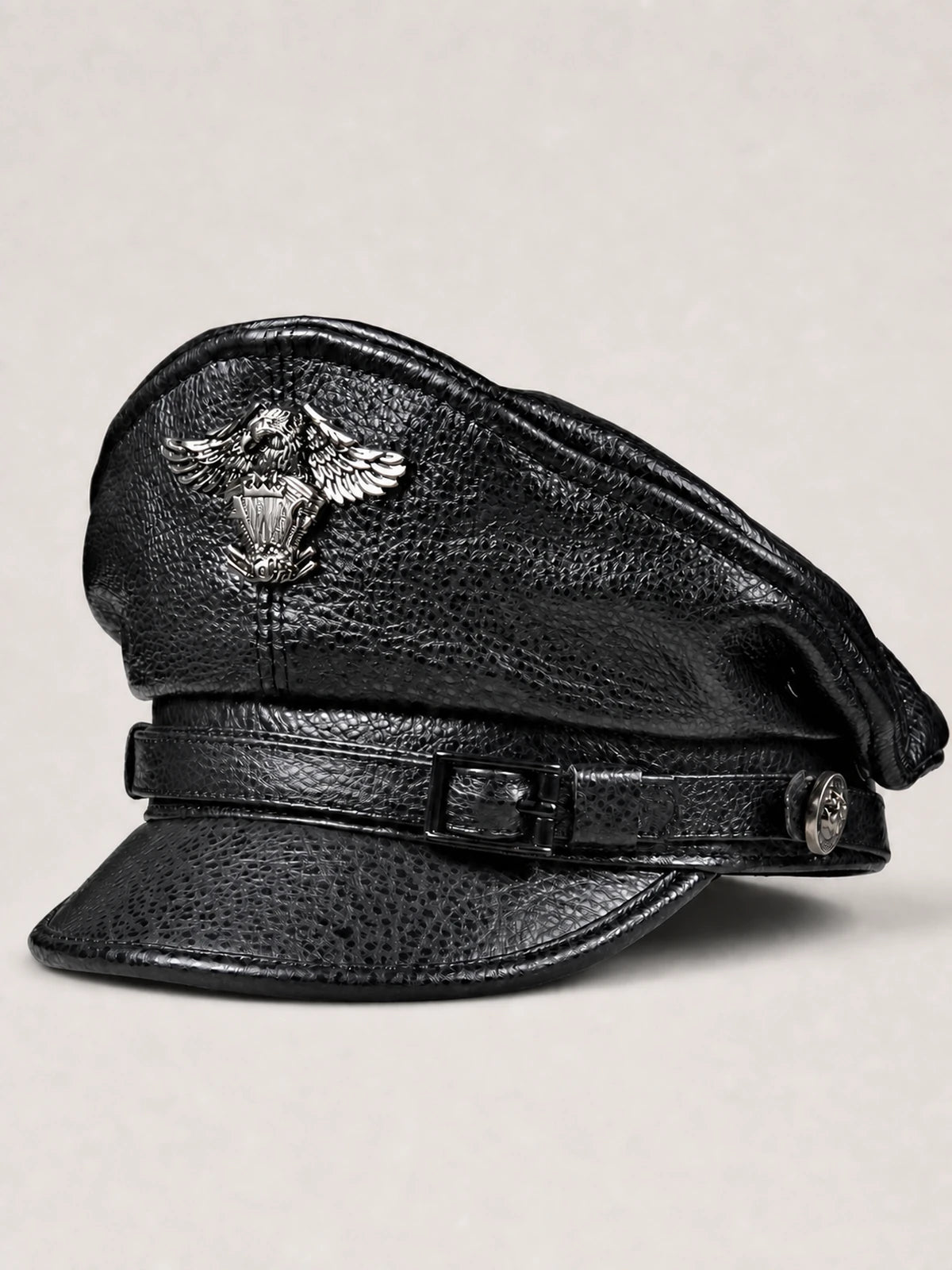 Black genuine cowhide leather captain cap with visor, strap and eagle-shaped metal badge