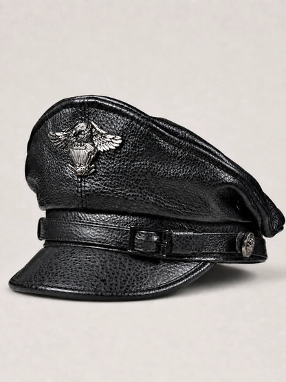 Black genuine cowhide leather captain cap with visor, strap and eagle-shaped metal badge