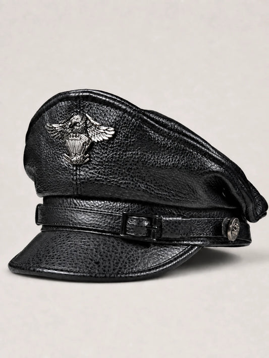 Black genuine cowhide leather captain cap with visor, strap and eagle-shaped metal badge