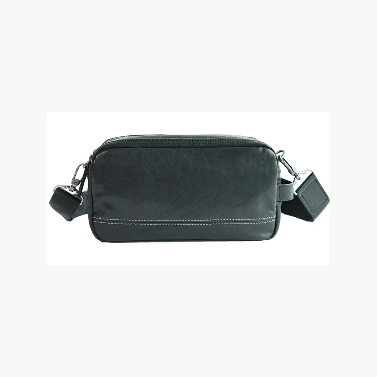Full view of a black top-grain cowhide dual-zip crossbody bag