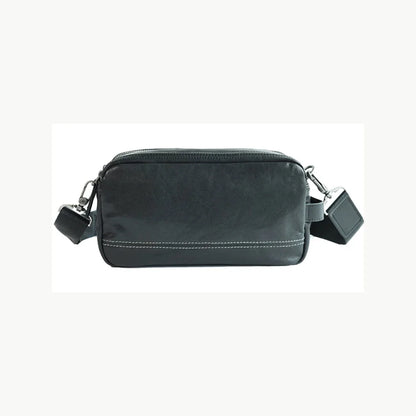 Full view of a black top-grain cowhide dual-zip crossbody bag