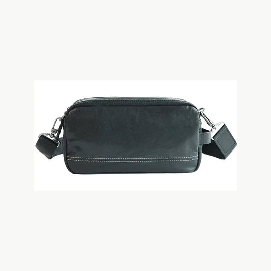 Full view of a black top-grain cowhide dual-zip crossbody bag