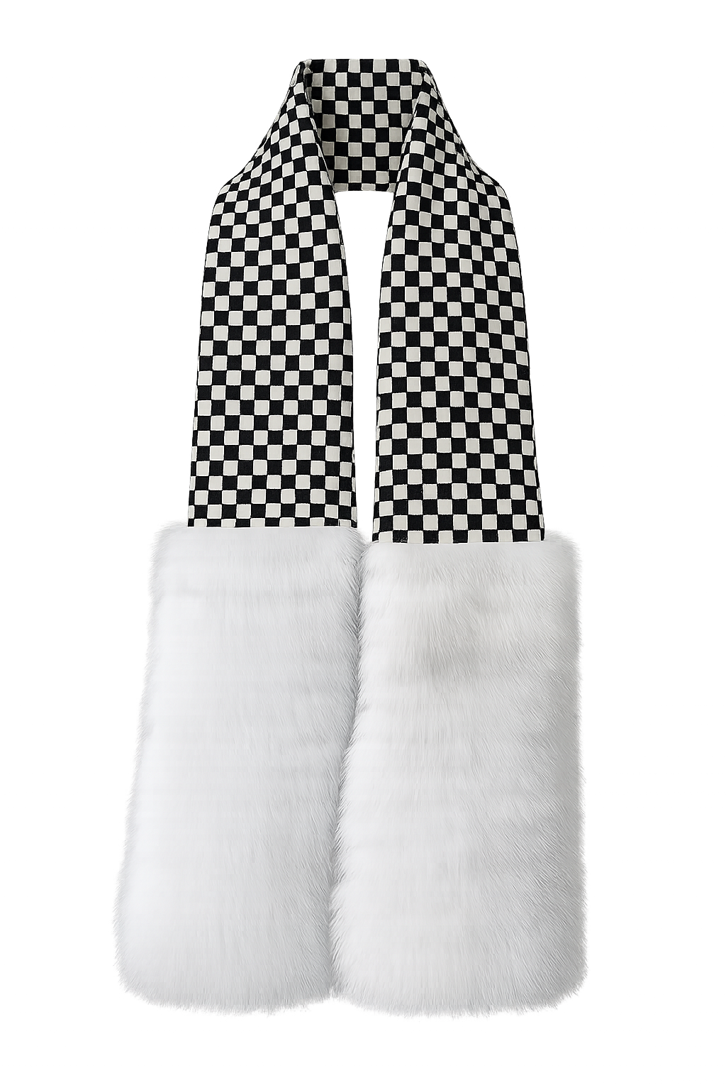Black-and-white checkerboard fox fur scarf with white fur-edged ends, full view