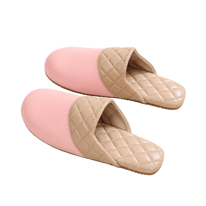 Blush Pink genuine lambskin leather house slippers on a transparent background