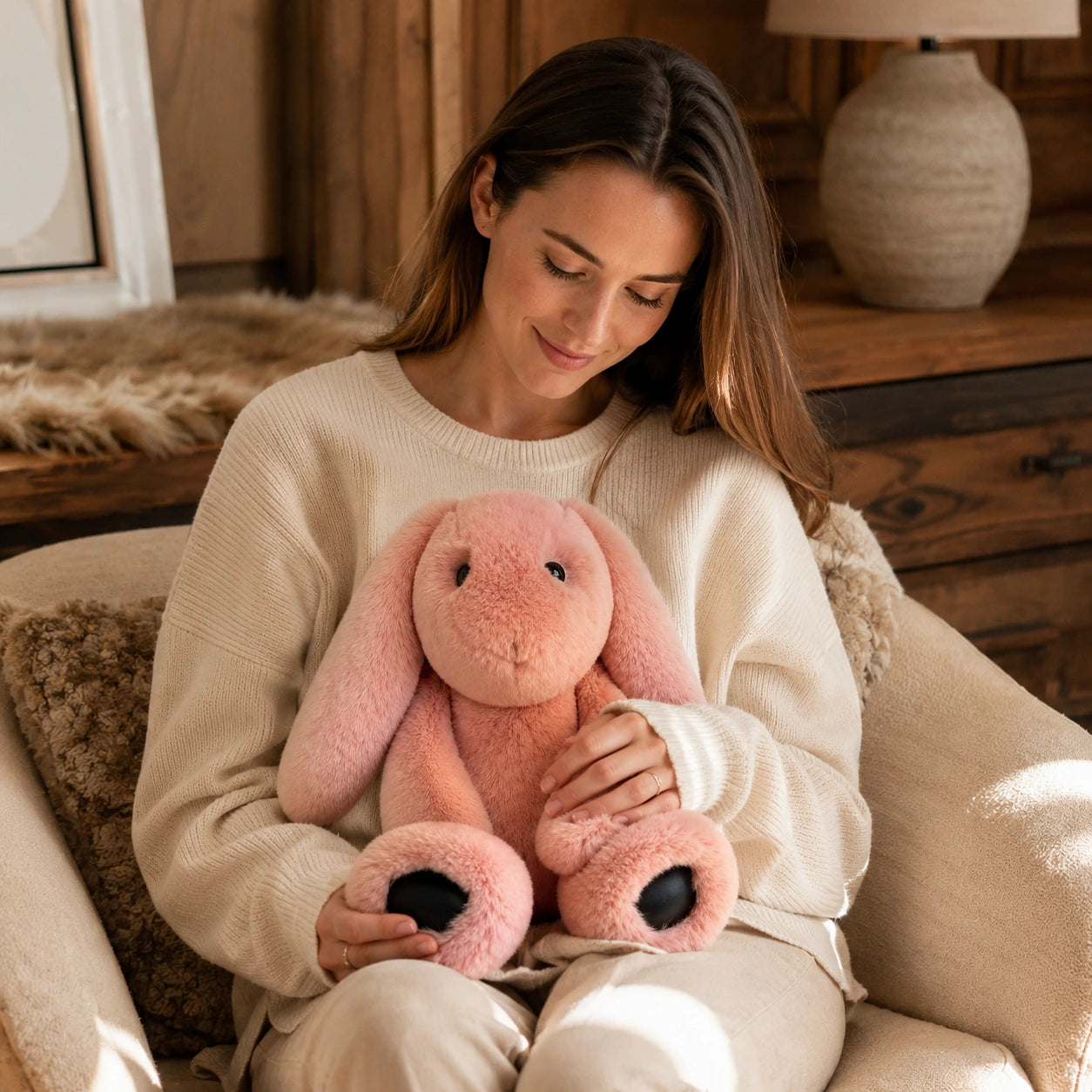 Blush Pink genuine Rex rabbit fur lop bunny doll held in a warm wood interior